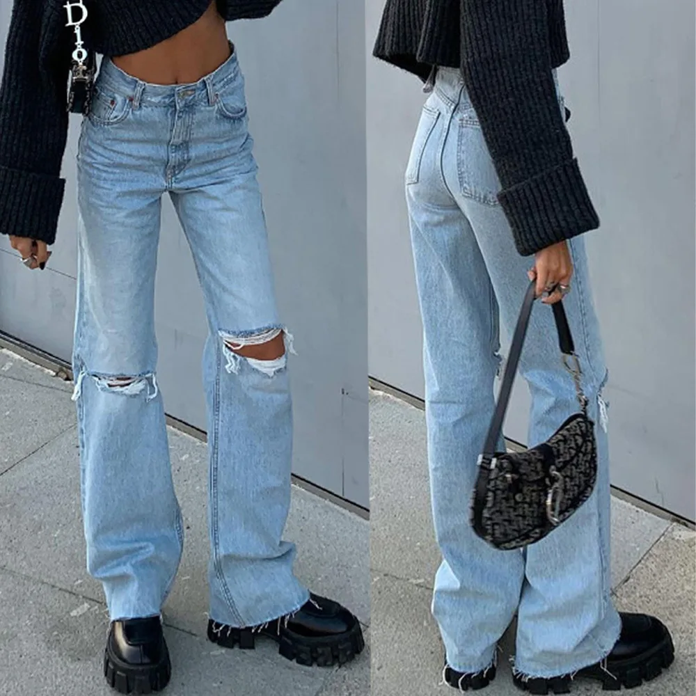 

Women's Jeans Women Casual Streetwear Ripped Distressed Hole High Waist Mom Jeans Ladies Boy Friend Denim Trousers Pants