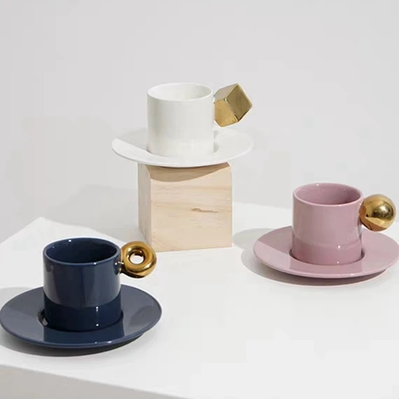 

European Light luxury Espresso Mug Italian Simplicity Ceramic Coffee Cup and Saucer Set with Glod Handle
