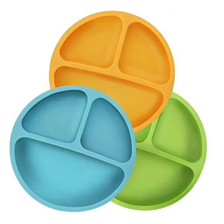 

BPA Free Kids Silicone Microwave Safe Toddler Divided Suction Round Shape Feeding Plate For Dinner