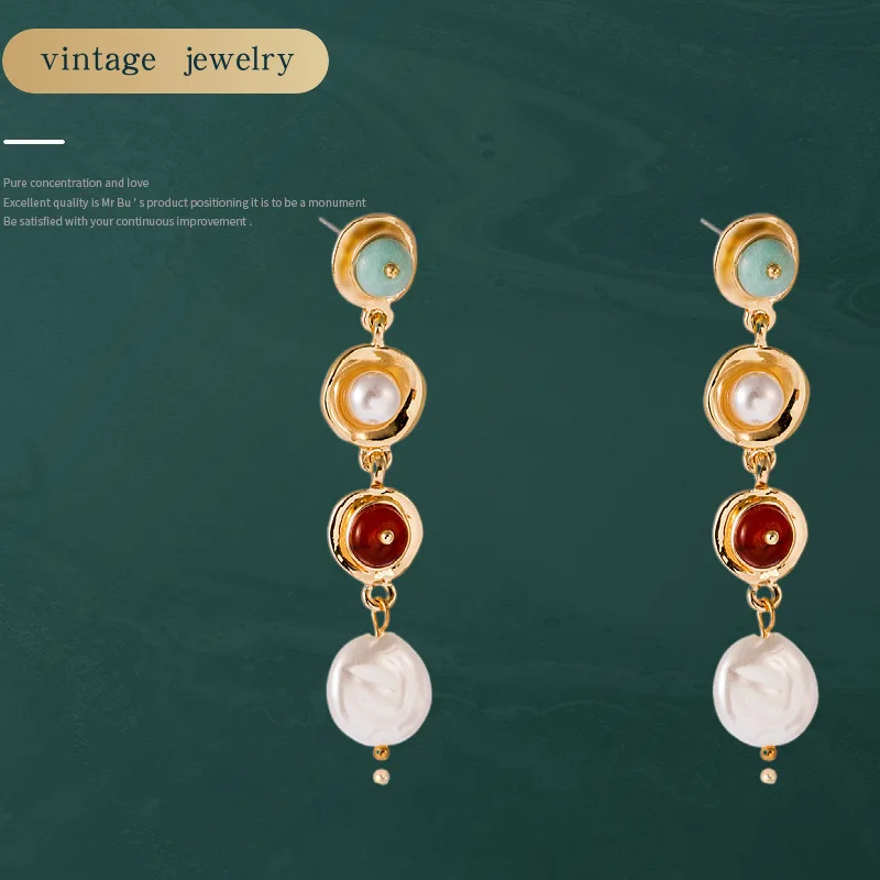 

Natural Stone Pendant Earrings Women Palace Style Retro Elegant All-match Jewelry Long Tassel Pearl Hoop Earrings