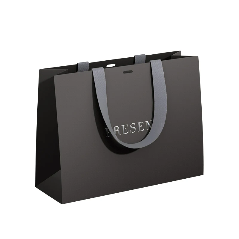 

Luxury Ribbon Handle Boutique Shopping Packaging Black Paper Bags With Your Own Logo