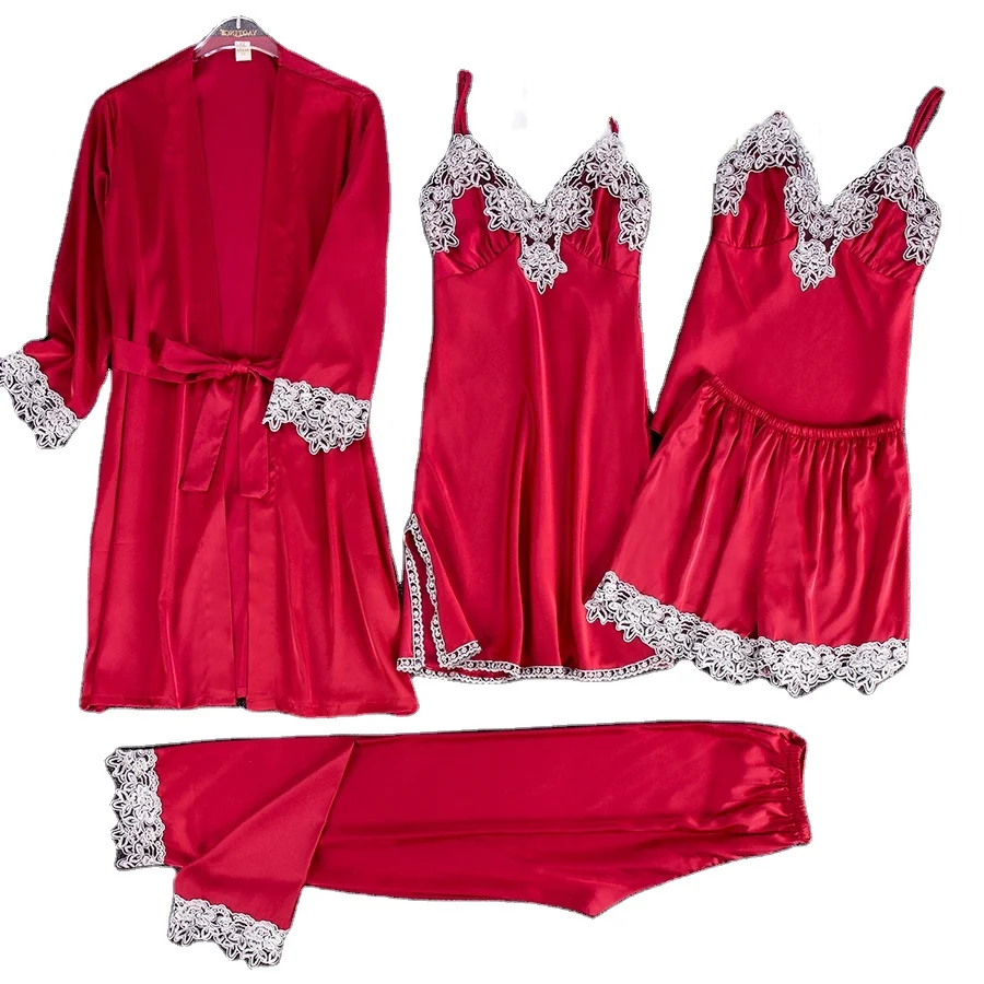 

Wholesale 5 Piece Satin Pajamas Women Sexy Silk Long Trousers Robe Sling Nightdress With Chest Pad Pyjamas Sets, 5 colors
