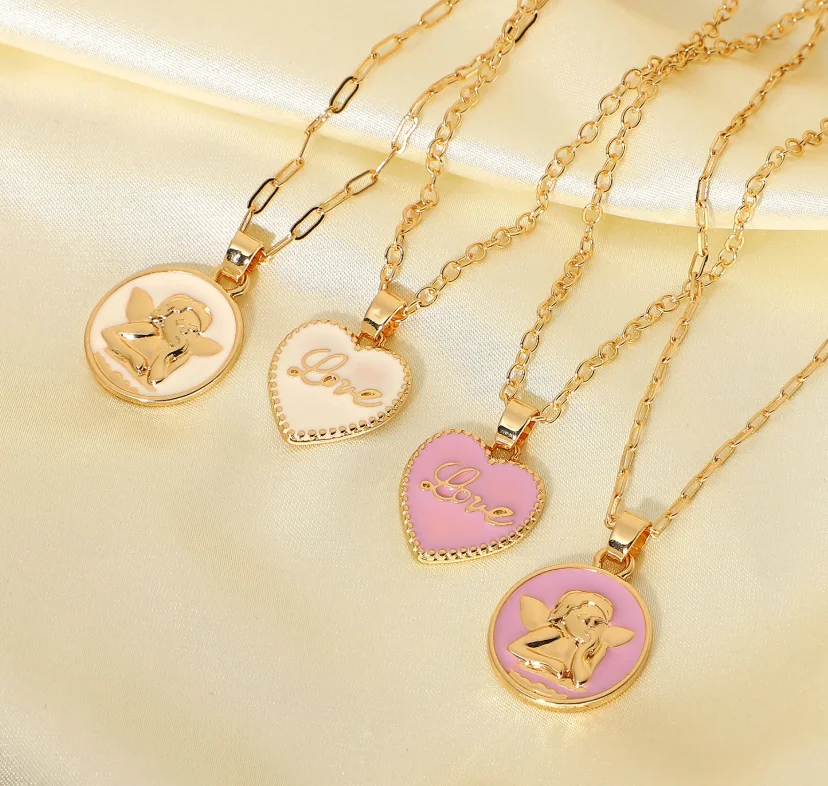 

Wholesale cheap neon pink color enamel jewelry angel love initial engraved heart coin pendent necklace for girls, Gold