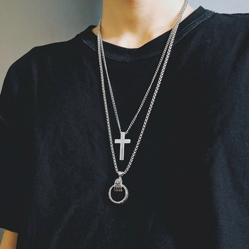 

2021 Punk Chain Cross Necklace Men Fashion Rock Style Stainless Steel Multilayer Geometric Pendant Necklace for Women, As photo
