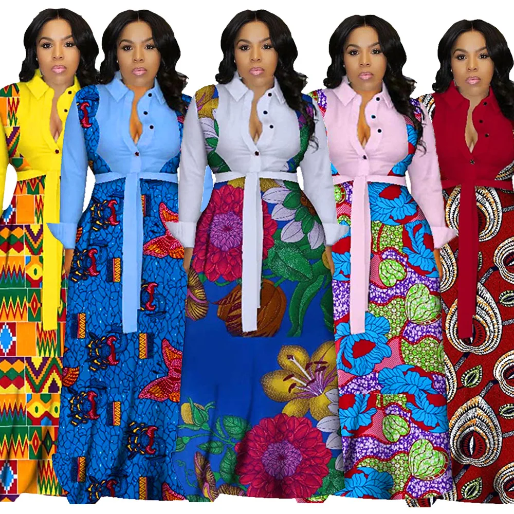 

RX-8183 Latest design ladies african print skirts and dresses with sashes maxi long sleeve 2021 fall dresses, As picture shows or customized color