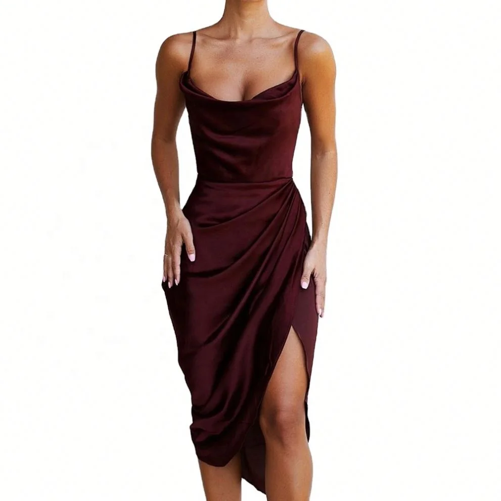 

Draped Elegant Bustier Midi Dress Women Sexy Outfits Satin Party Dress, Wine,ivory,black