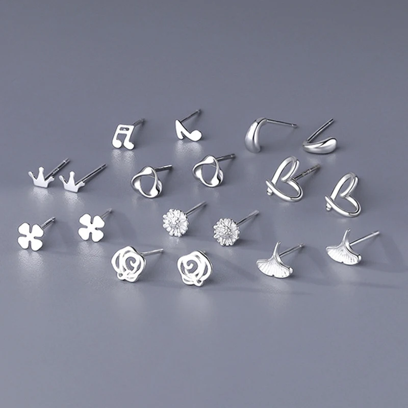 S925 Silver Hypoallergenic Earrings for Women Simple Cute Clover Heart Musical Note Pure Silver Ear Studs