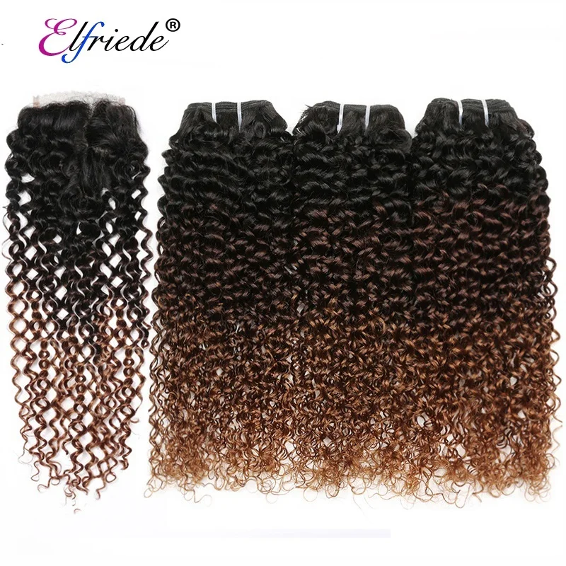

#T 1B/4/30 Kinky Curly Ombre Hair Bundles with Lace Closure 4"x4" Brazilian Remy Human Hair Wefts with Closure JCXT-261