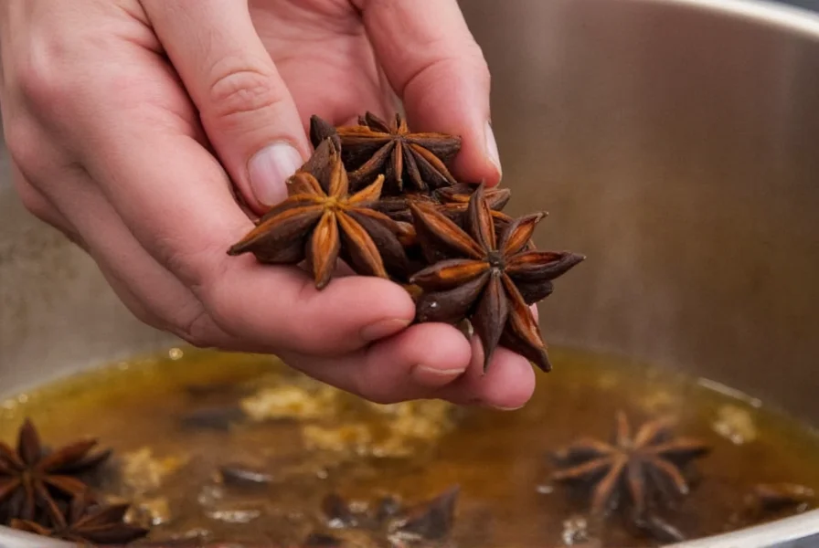 Star anise pods being used in cooking preparation with close-up of hands adding them to a simmering pot of broth