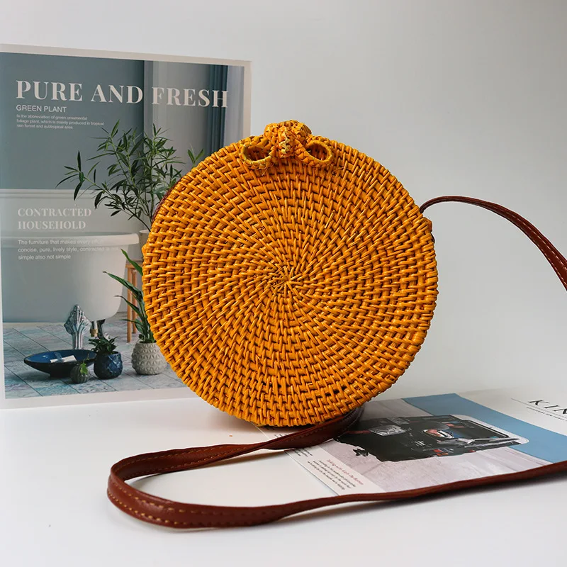 

Colorful Crossbody Shoulder Strap Summer Beach Bag Round Rattan Bags Women Round Handwoven Straw Bag, Bamboo
