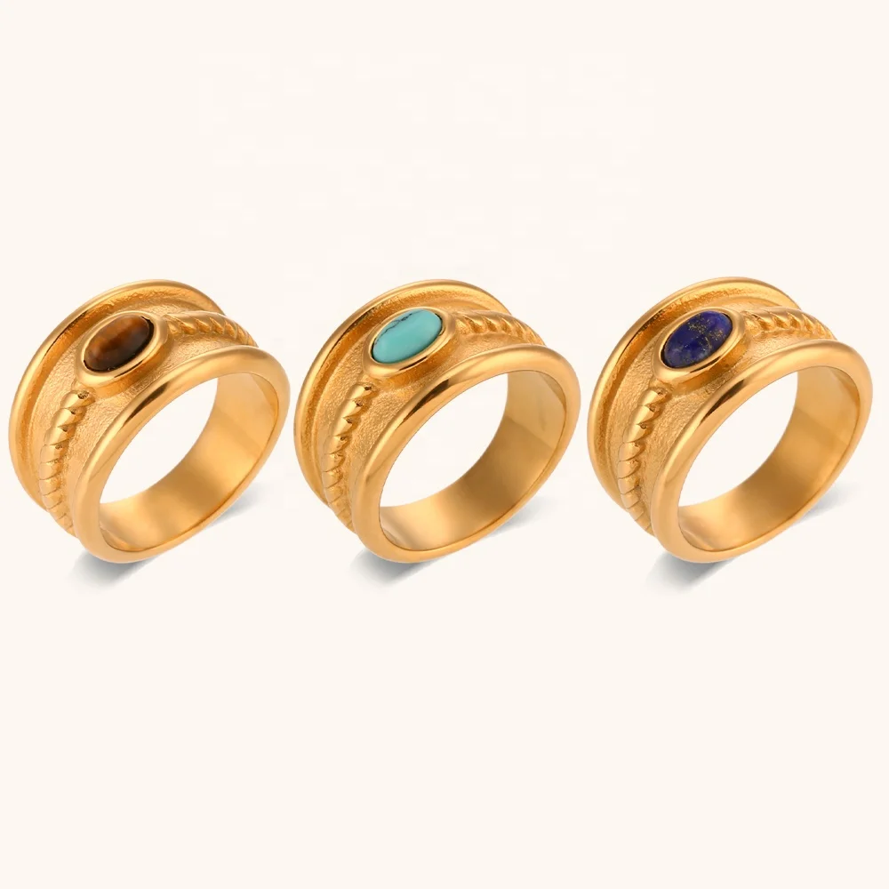 

Ding Ran 2023 New Trendy Natural Stone Ring 18K Gold Plated Stainless Steel Signet Rings