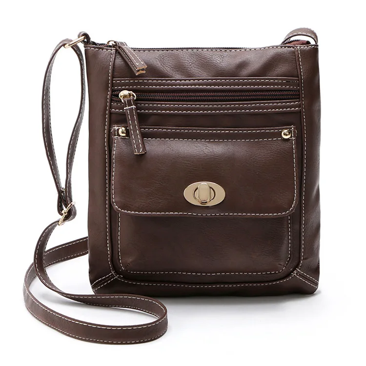 

2021 Hot Sale Lightweight Crossbody Wallet Multi-pocket Function Shoulder Bag Spin Lock Leather Bag, Black wine brown khaki