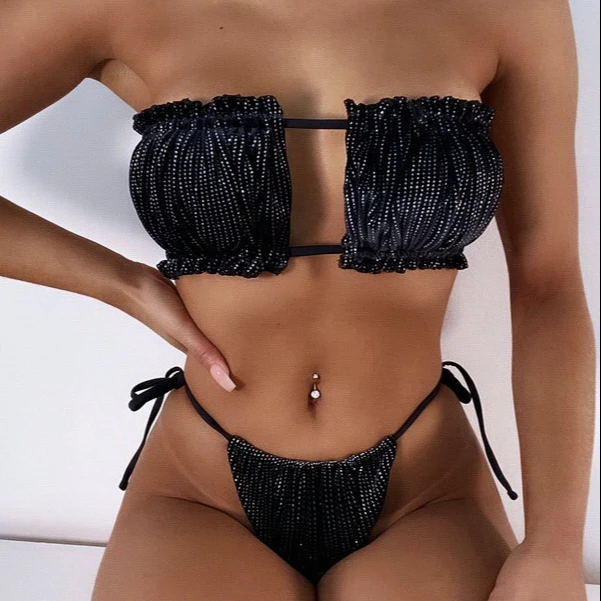 

Swimsuit Ladies Sexy Pleated Hollow Large Size Black Polyester Quick Drying Bandeau Bikini