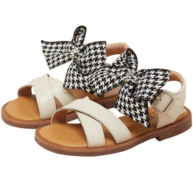 

2021 New Style Round genuine leather Bowtie Girls Princess Children Student sandal Shoes, Black,white