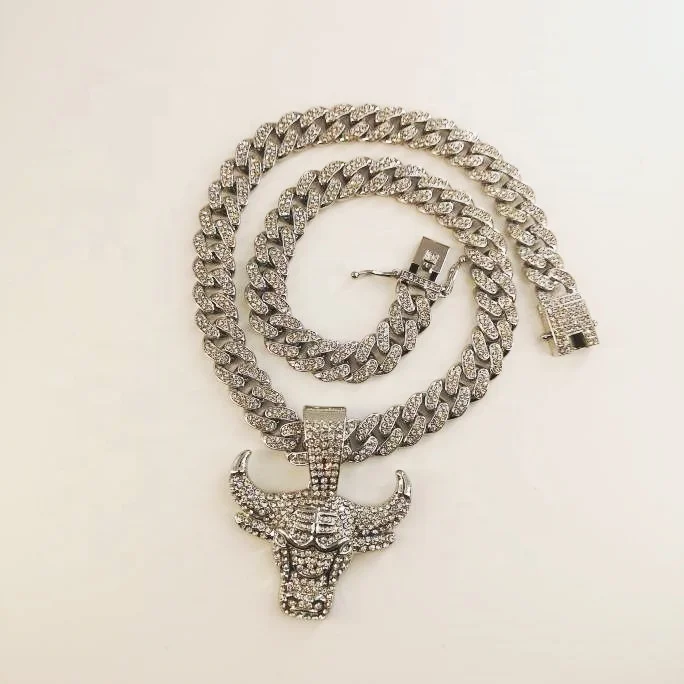 

Big cuban link chain with alloy and bling CZ hip hop cow head pendant necklace