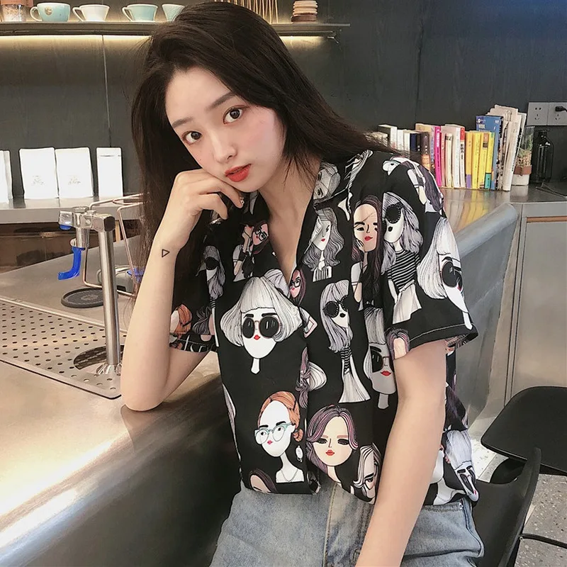 Wholesale Korean Style Women Short Sleeve Floral Printed Casual Hawaiian Shirts Blouses