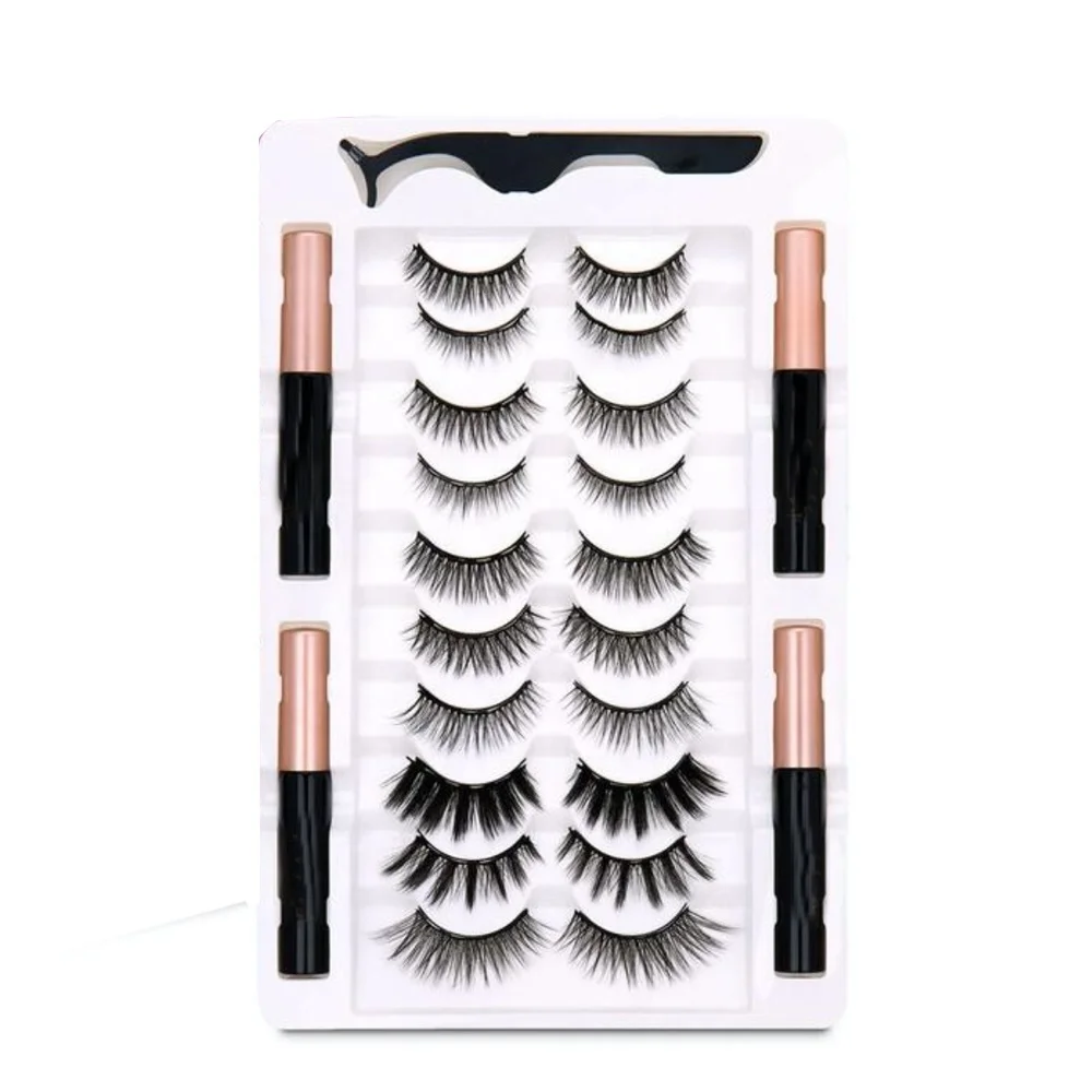 

Wholesale 5 12 magnets 3d false faux mink magnetic eyelashes 10 pairs high quality magnetic lashes set with eyeliner, Natural black