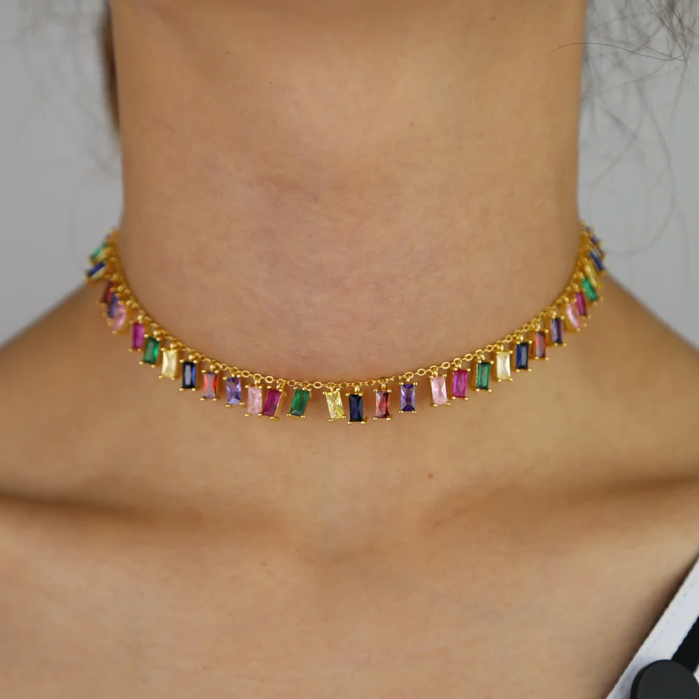 

32+8cm rainbow cz drop choker baguette cz charm necklace luxury fashion women statement necklaces Gold