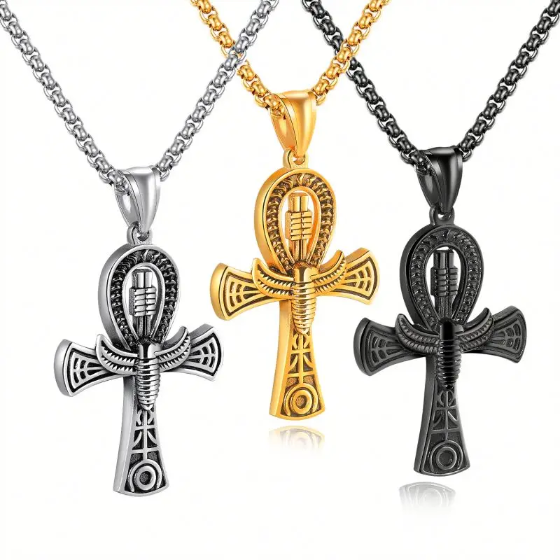 

2020 Jewelry Prayer Stainless Steel Chain Ancient Egyptian Coptic Ankh Cross Pendant butterfly necklace