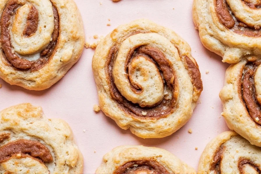 Close-up of freshly baked cinnamon bun cookies showing perfect spiral swirls and golden brown edges