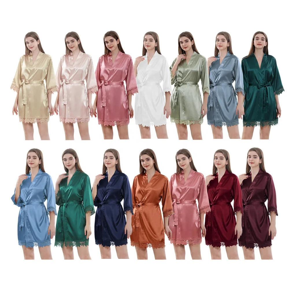 Luxury Women's Kimono Robes Bridal Party Silk Satin with Lace Trim Wedding Bridesmaids Flower Girls Knee Length
