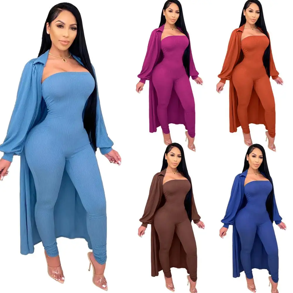 

MD-20101943 New Arrivals Women Sets Two Piece Outfits Ribbed Jumpsuit Cardigan Women Two Piece Set Clothing