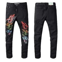 

New Italy Style #143# Men's Crystals Colors Embroidery Words Washed Black Denim Skinny Jeans Slim Trousers Size 28-40 men denim