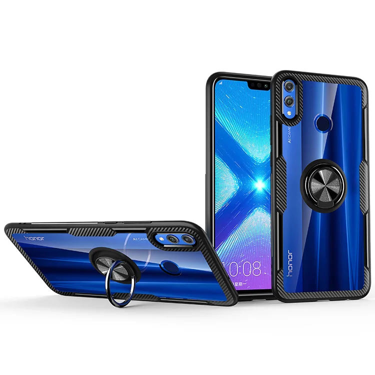 

Shockproof magnetic ring holder transparent back cover phone case for Huawei Honer 8X, 5 colors,navy blue,black,blue,red,black+silver
