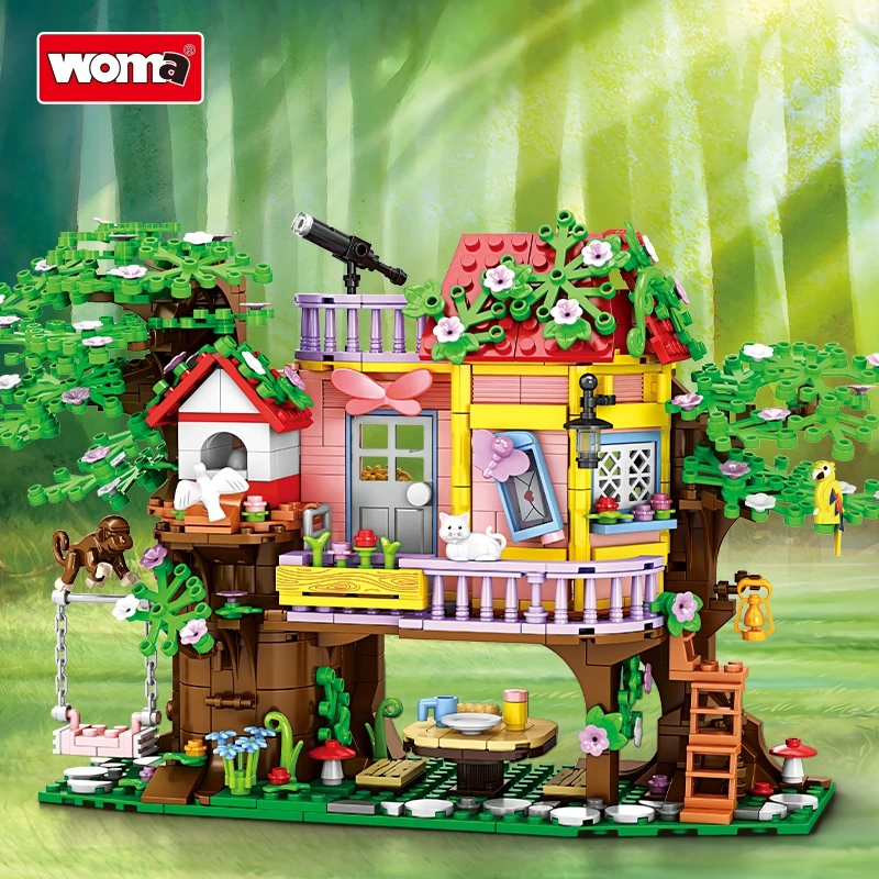 WOMA TOYS Hot educational toy block 840 pcs forest tree house block brick bird cat figure treehouse mini building brick set