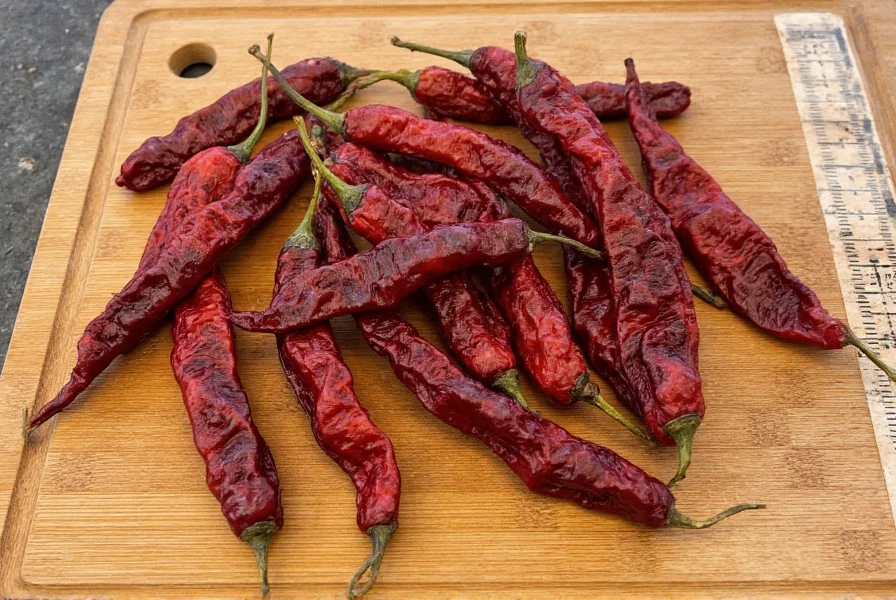 Close-up photograph of dried ancho chili peppers showing their wrinkled texture and deep reddish-brown color on a wooden cutting board with measuring scale