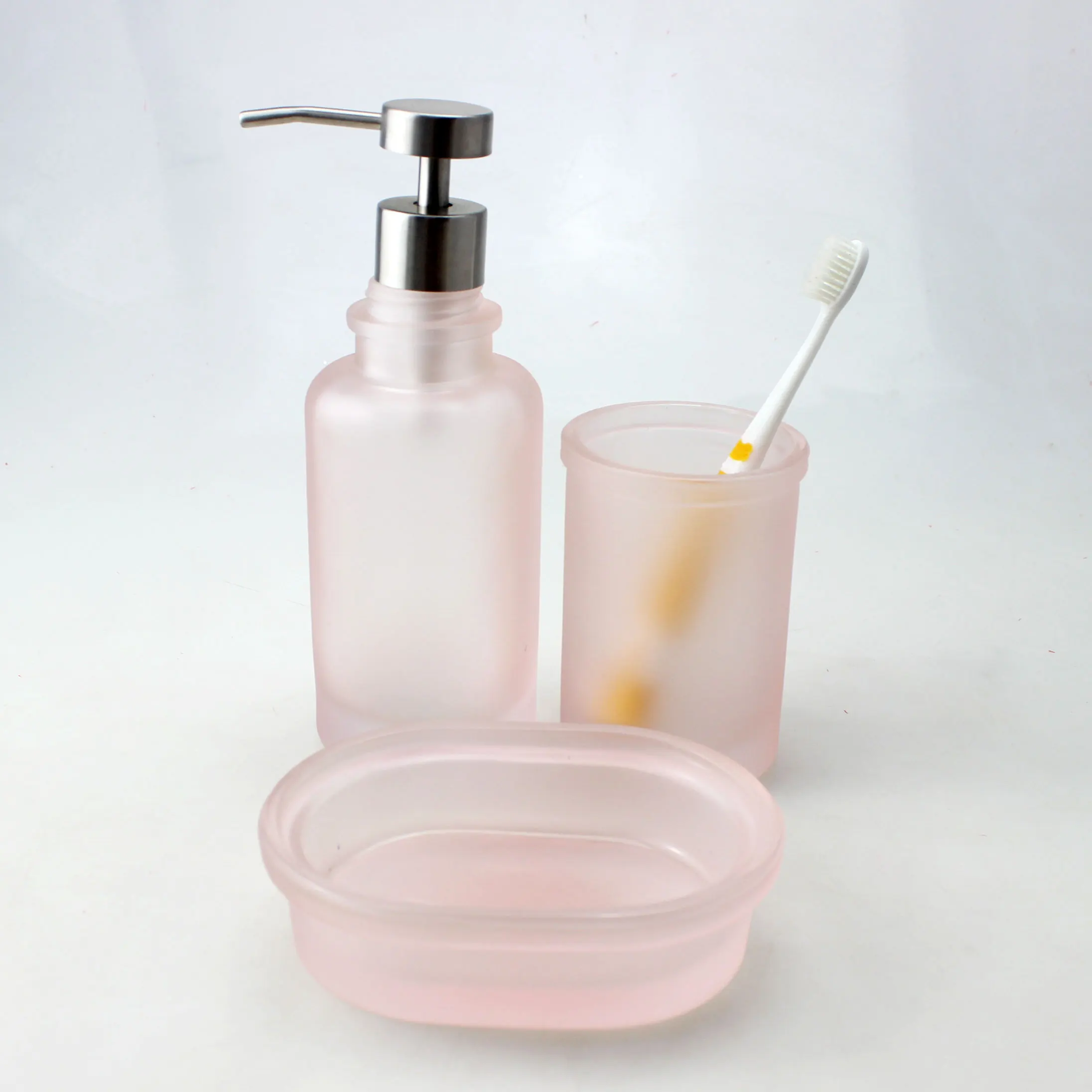 Frosted Pink Glass Bathroom Fittings Three Pieces Bathroom Accessory