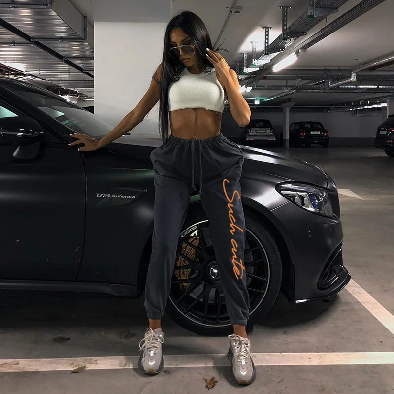 

2020 new fashion embroidery high waist trousers woman jogger sweatpants women