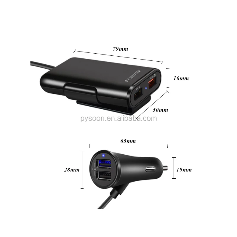 Shenzhen Factory Fast Charging 4 Ports USB QC 3.0 Car Charger with 1.8m Extension Cable