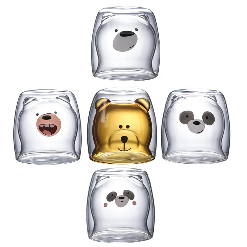 

250ml Glass Mugs Cute Bear Cat Animal Double Wall Glass Mug Double-layer Glass Milk Mug Coffee Cup Christmas Gift, 6 colors