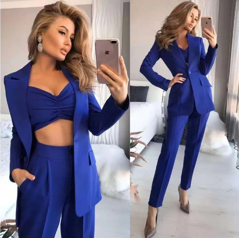 

new arrivals mid-length long-sleeved solid color ladies 3 piece suits ladies blazer and pants, Picture color