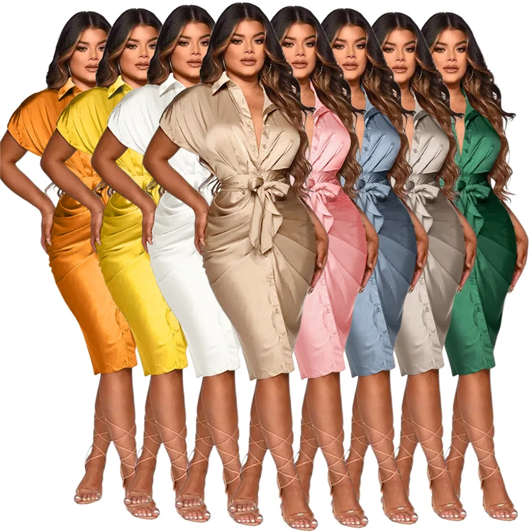 

High Quality Ladies Club Dress Short Sleeve V Neck Belt Pleated Spring Women Midi Dresses, Picture color