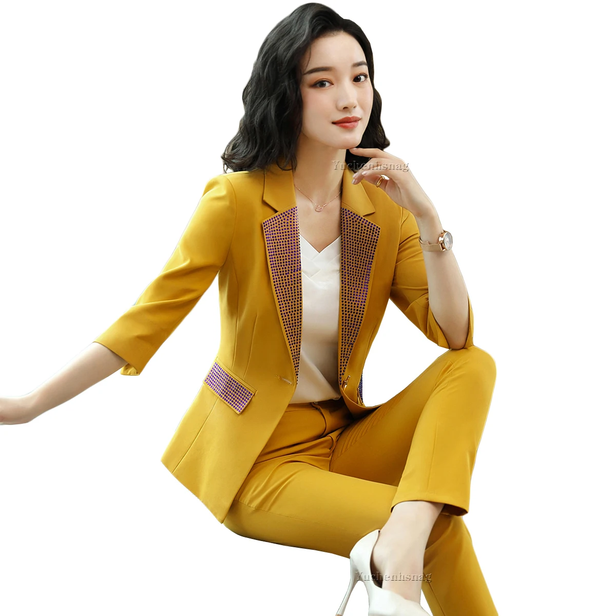 

Yellow White Black Women Ladies Pant Suit Spring Summer Half Sleeve Two Piece Set For Lady Size  Blazer Jacket With Trouser, Black;yellow;white