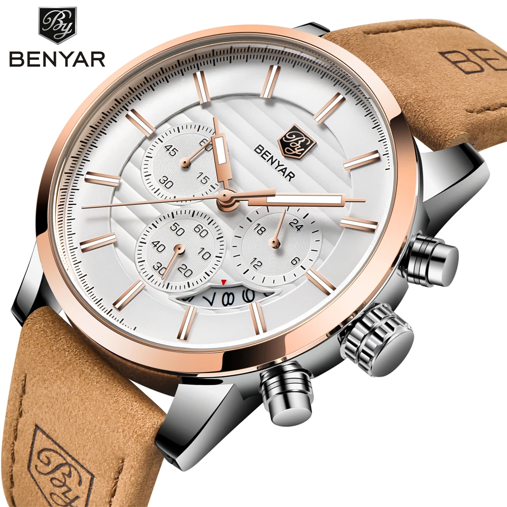 

Benyar BY-5104M Branded Men Quartz Wristwatch with Date Chrono Analog Fashion Leather Wristwatch for Men