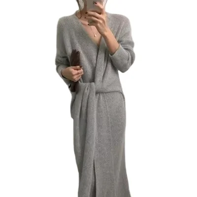 New Korean Belted Cashmere Sweater Dress Wool Winter Warm Thick Women Fashion Office Lady V Neck Knitted Dress 10%