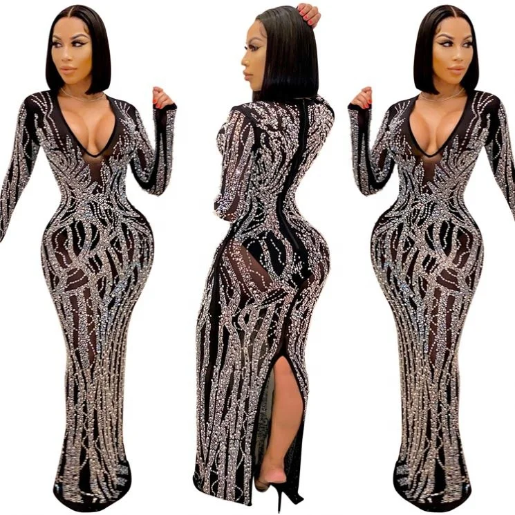 

DFL010 Clothes 2021 Winter Sleeve Sequin Long Version Woman Club Dress Sexy Dresses Women Lady Elegant