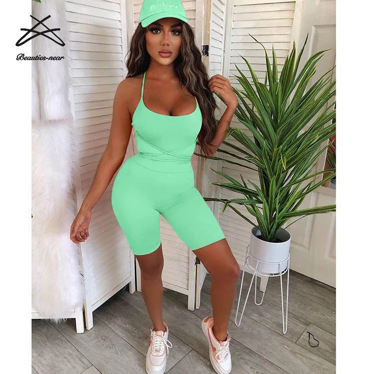 

Best price Summer 2021 solid color backless Ladies fitness jumpsuit Women One Piece Short Jumpsuits And Rompers, 4 colors
