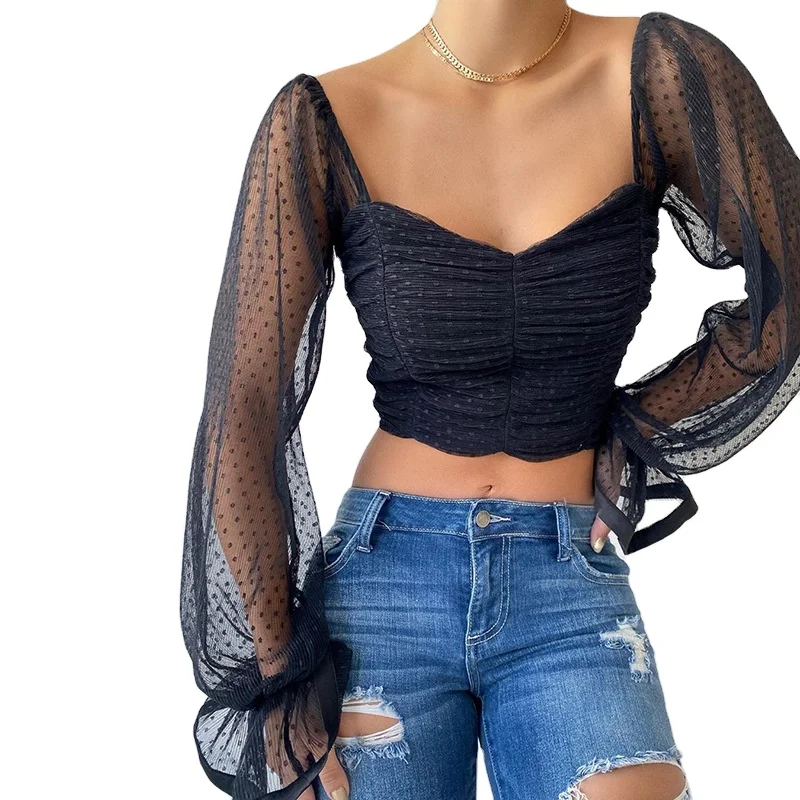 

Women Floral Lace-Up Sexy Blouse Printed Zipper Open Back Small Sling Fashion Chiffon Polka-Dot Shirt GAO, As photo showed