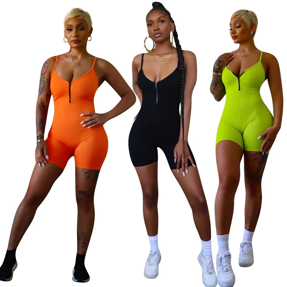 

Summer 2021 Womens Bodycon Jumpsuits Rompers Sleeveless Sexy Fashion Casual V Neck Halter Short Yoga Jumpsuit For Women, Picture