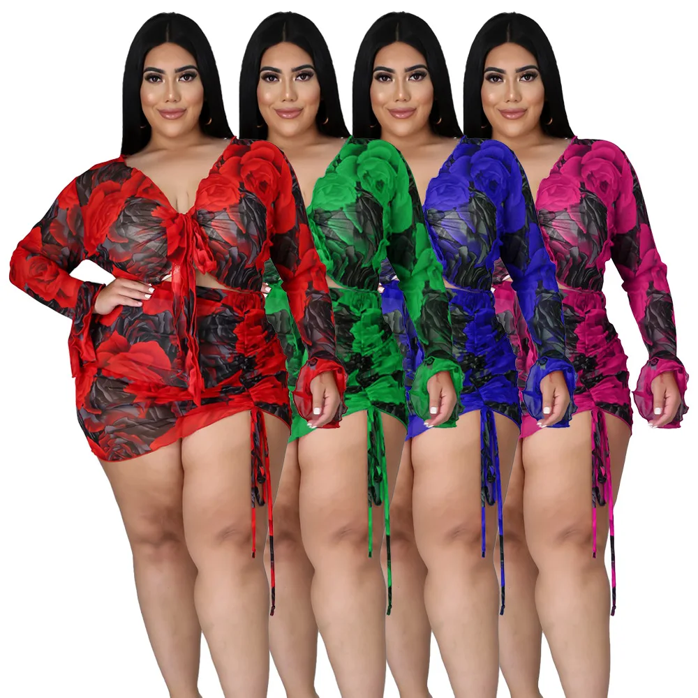 

Foma N7228 Print suit drawstring long sleeve plus size polyester mesh print sexy nightclub 2 piece skirt set boutique clothing, As pictures