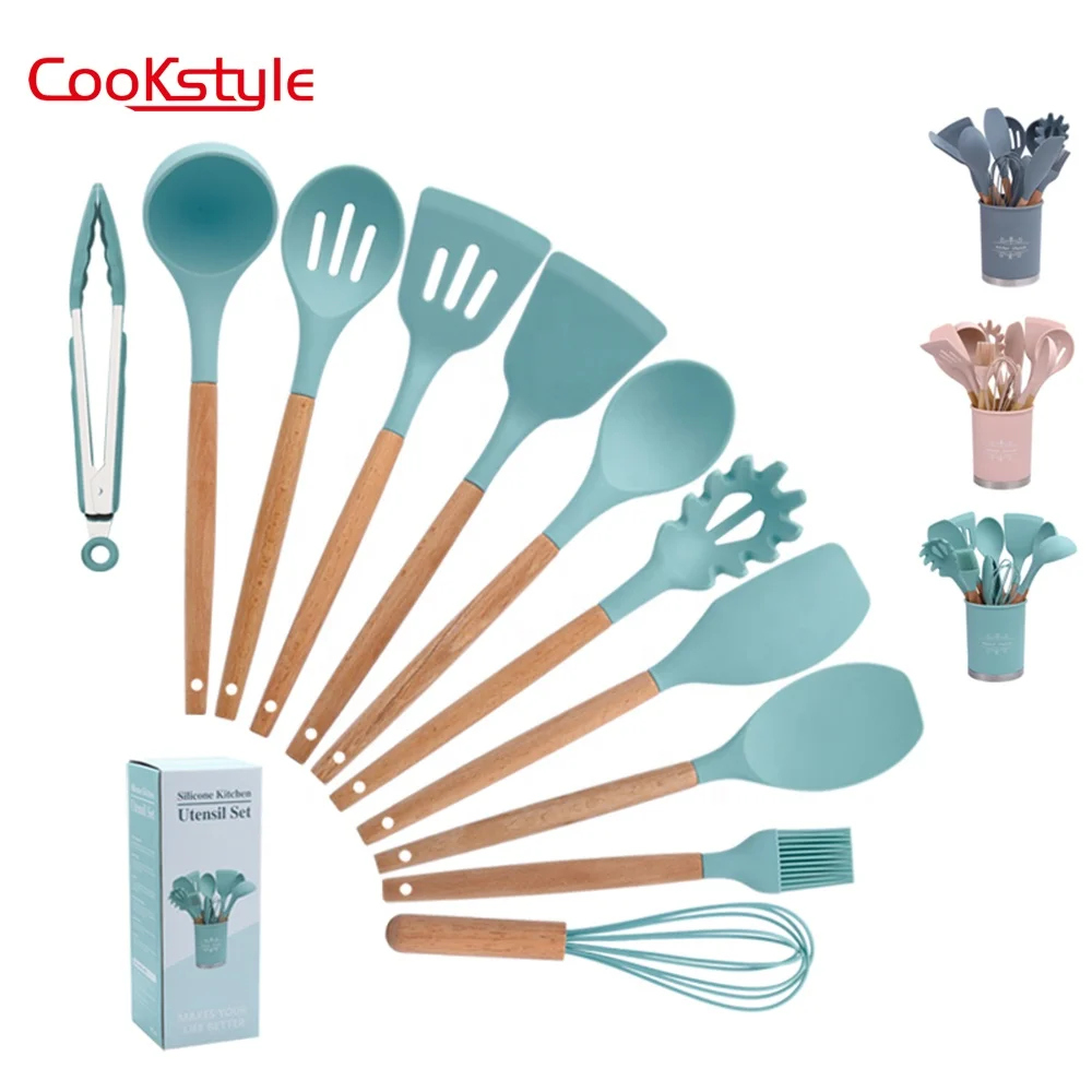 

Hot sale 13 pcs Silicone kitchen utensils with Round holder for cooking tool set, Customized