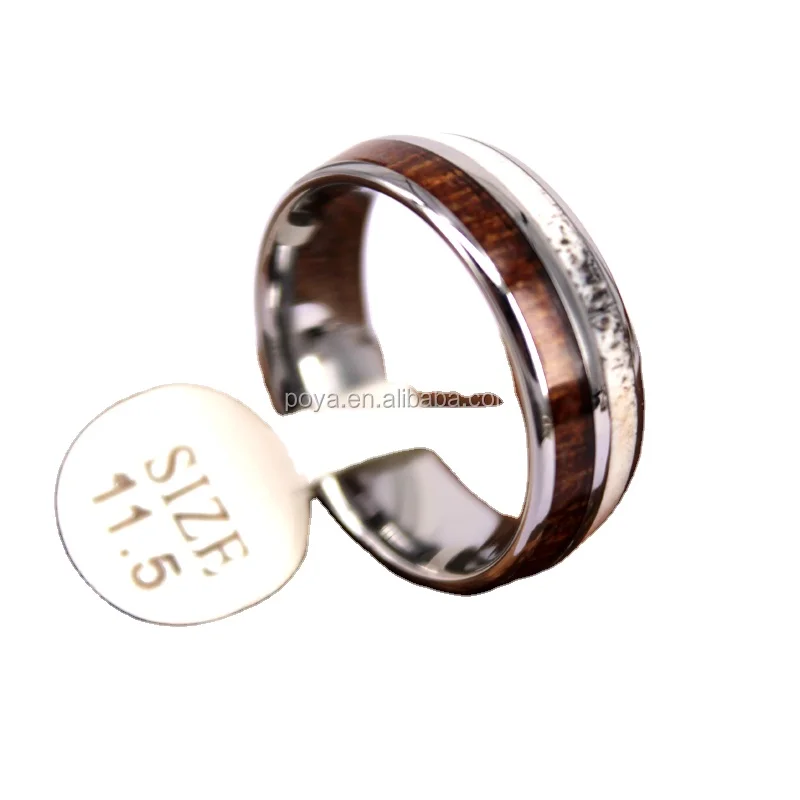 

Personalized Laser Engravable Mirror Polished 8mm Tungsten Ring with Deer Antler & Koa Wood Inlays