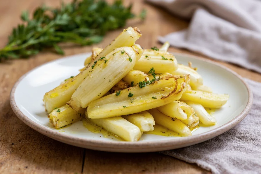 Roasted fennel root with herbs and olive oil on ceramic plate