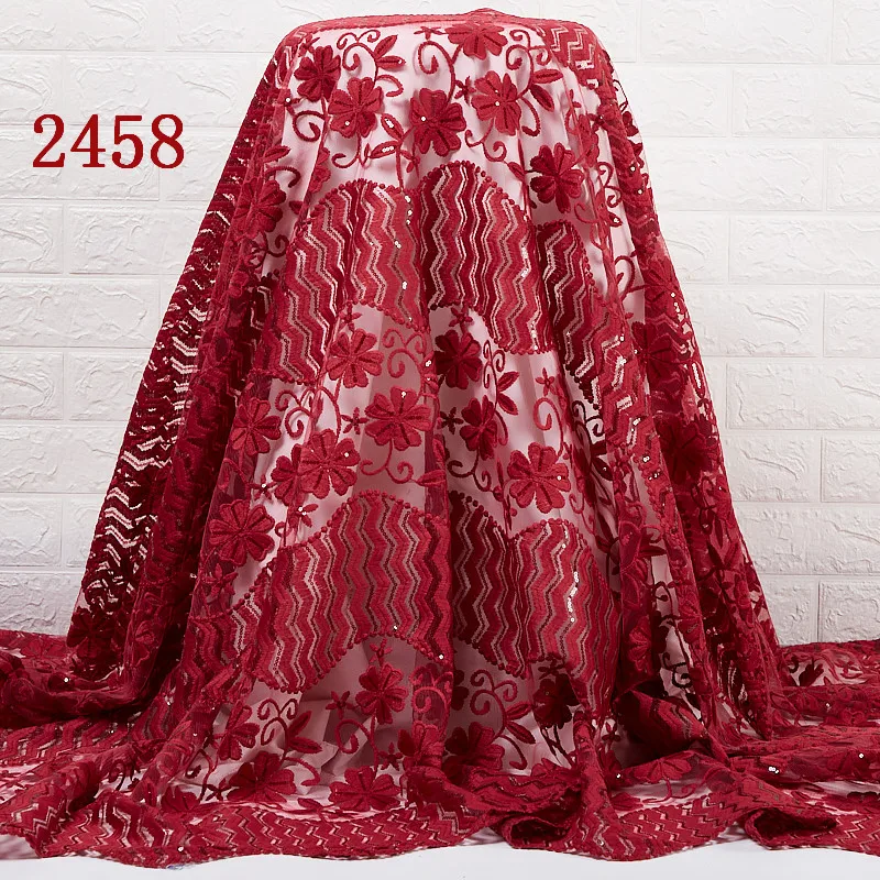 

2458 Free Shipping Red Mesh Lace Fabric With Sequins Nigerian Embroidery Flower Milk Lace Fabric For Dress, Cupion