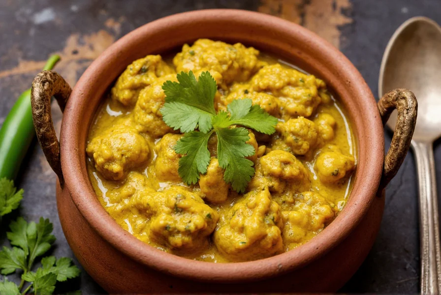 Grünes Hähnchen-Curry in traditionellem Tongefäß