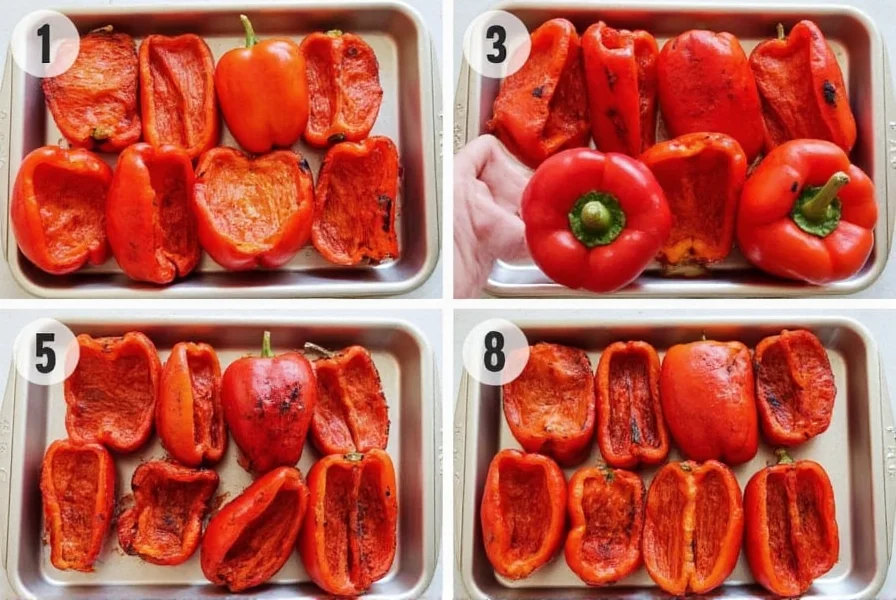 Step-by-step process of roasting red bell peppers under broiler with charred skin visible